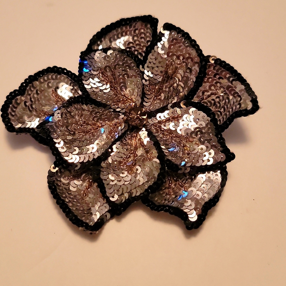 Sequin & Fabric Flower Pin Brooch Embellished Black & Silver